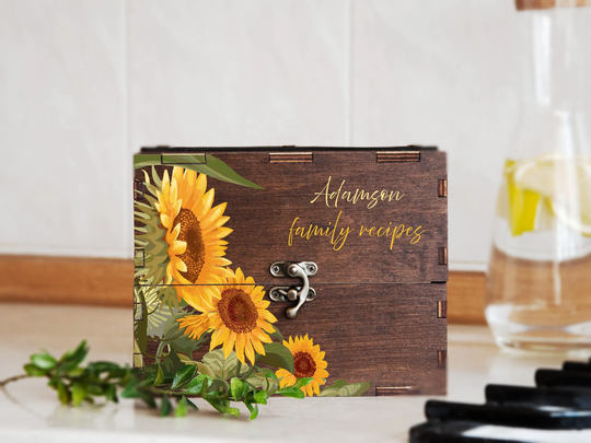 Personalized Recipe Box With Sunflowers, Wooden 9 Dividers & Cards, Wedding Card Box, Bridal Shower Gift For Bride