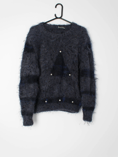 Christmas Vintage Fluffy Mohair Blend Jumper in Navy With Lurex Thread & Pearl Beads - Vibes Small/Medium