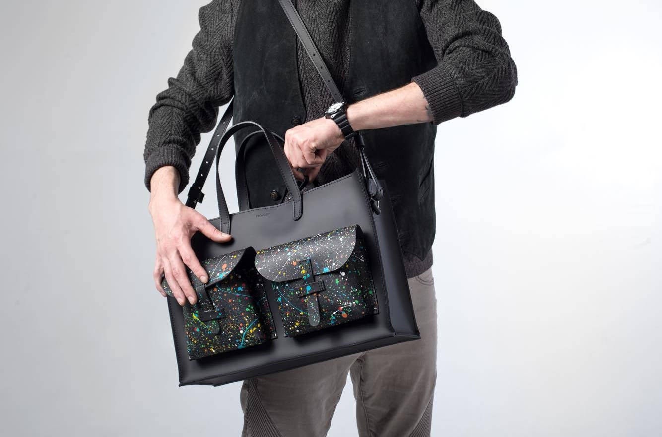 Leather Briefcase With Night Sky Print - Laptop Bag For Men Black Leather Messenger