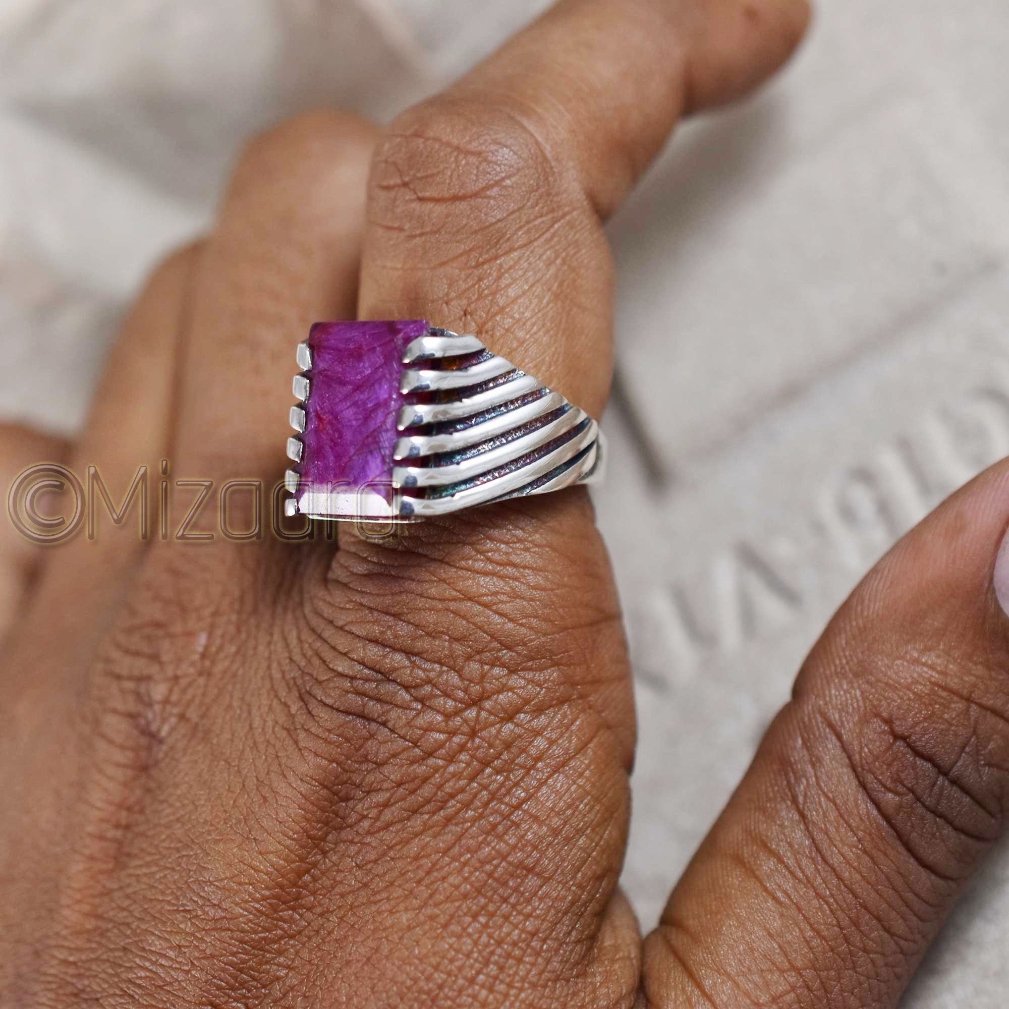 Raw Ruby Men's Ring 925 Sterling Silver Corundum Signet Men Middle Eastern Channel Setting Jewelry Birthday