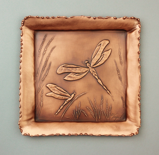 Dragonfly Copper Art Tile With Droplet Frame, Decorative Tray, Handmade Wall Hanging By Metalsmith, Monte Voepel