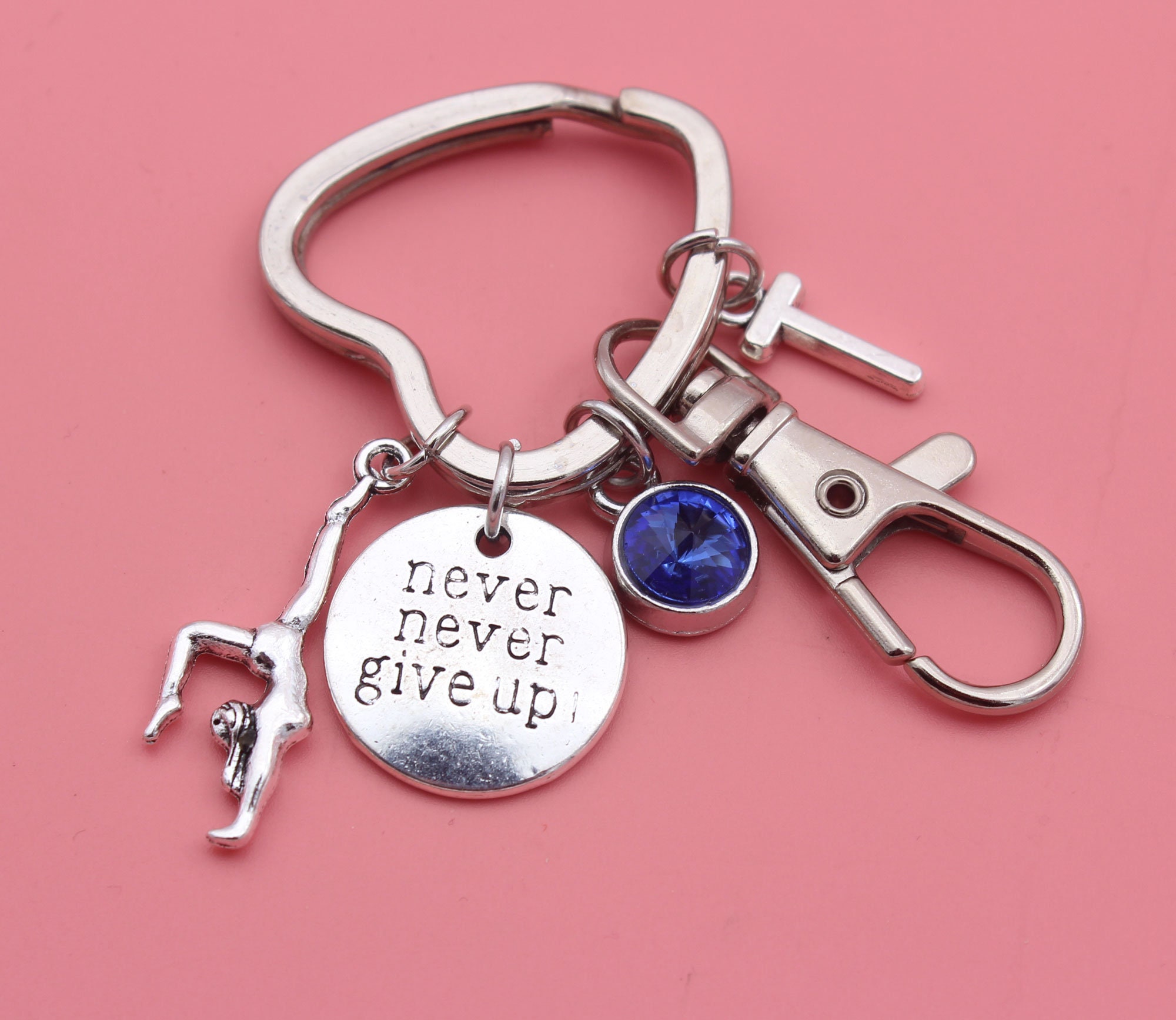 Never Never Give Up Keychain, Gymnast Keyring, Sport Keychain, Dancer Gift, Inspirational Keychain, Gift For Gymnast, Initial Keychain, Git For Her