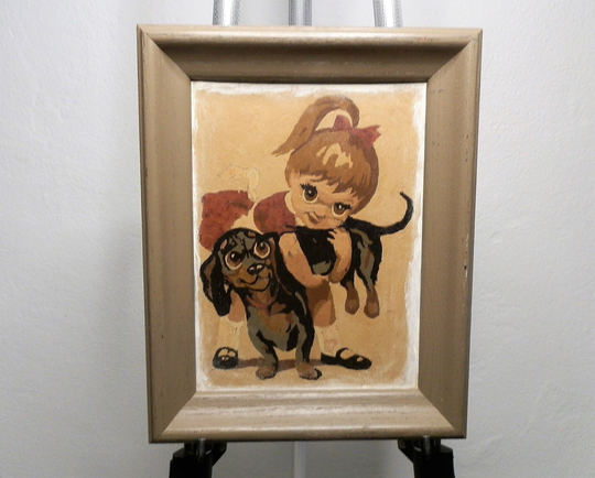 Mid Century Paint By Numbers Framed Art, Child & Dog, Rare, Young Girl With Her Puppy Design. 12" X 9"