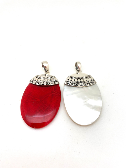 sterling Silver Oval Coral Or Mother Of Pearl Bali Pendant