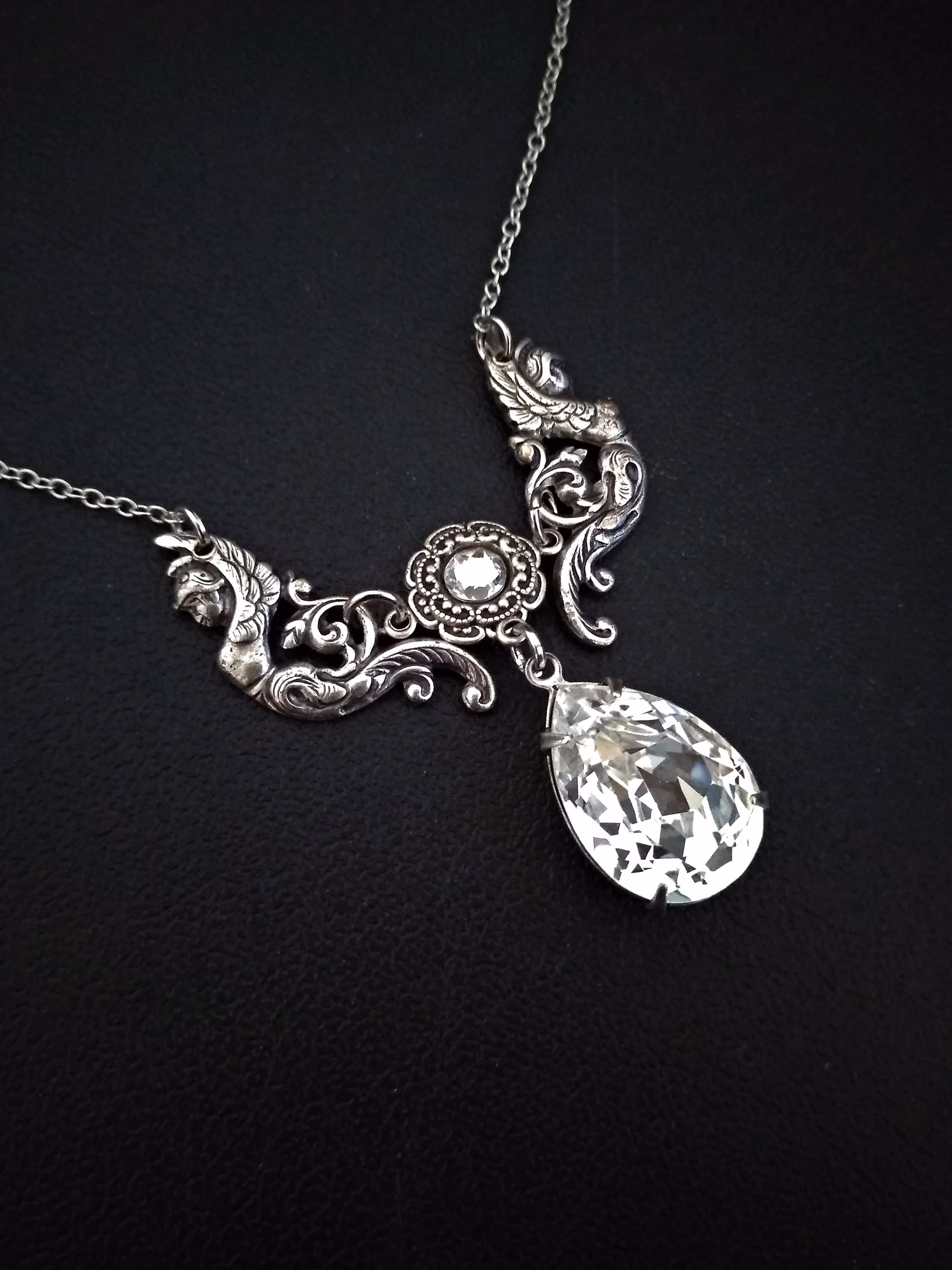 Victorian Necklace, Swarovski Clear Crystal Valkyries Angels Wings Goddess, Silver Gothic Jewelry