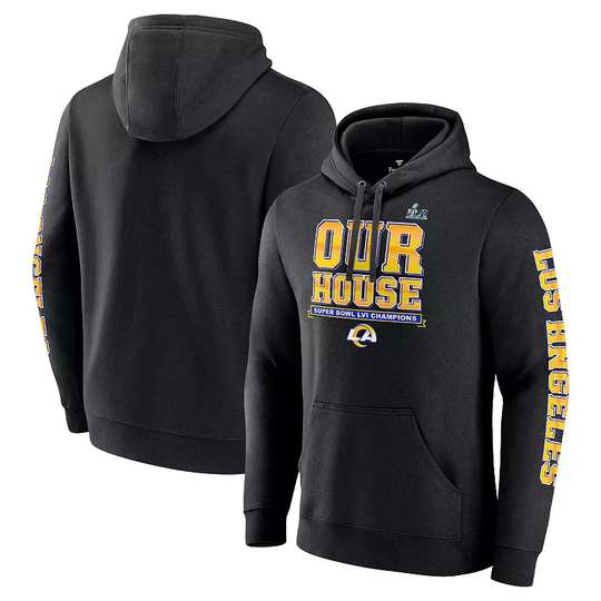 Men's Fanatics Branded Black Los Angeles Rams Super Bowl LVI Champions Hometown Audible Pullover Hoodie, Size: Large