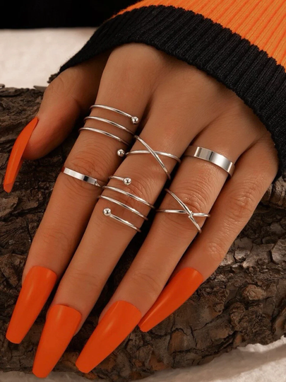 Silver 6 Piece Criss Cross Ring Set Adjustable Statement Stacking Rings