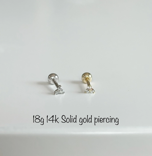 18G 14K Solid Gold Teeny Tiny Three Stones Piercing | Single, Trinity Minimalist Solid Gold Piercing, Mid Cartilage, Helix