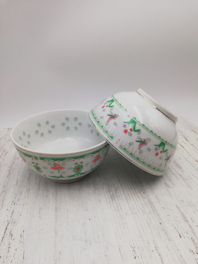 Vintage Set Of 2 Chinese Bowls, Pair Bowls, Floral Pattern Bowls Chinese, White Rice Noodle Soup