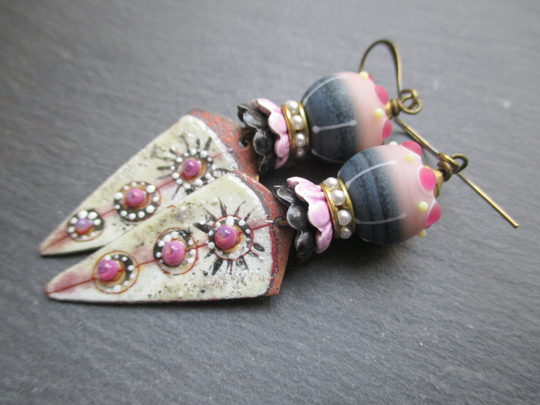 Connect The Dots Enamel Earrings, Abstract Art Lilac Enameled Copper Dangles, Bohemian Purple Artisan Lampwork Threewishesstudio