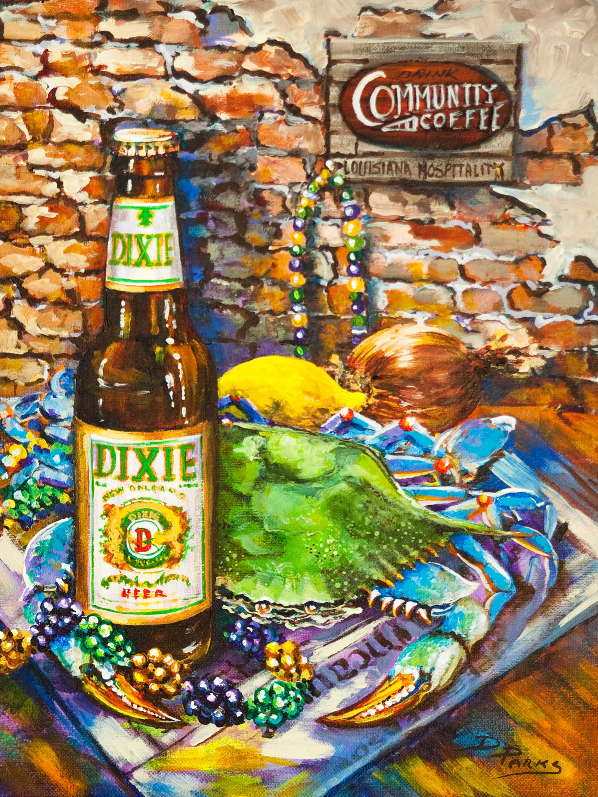 Dixie Beer, Boiled Crabs, Mardi Gras Beads, Community Coffee Sign, Prints, Art, Louisiana Seafood, Food - "Dixie Love'