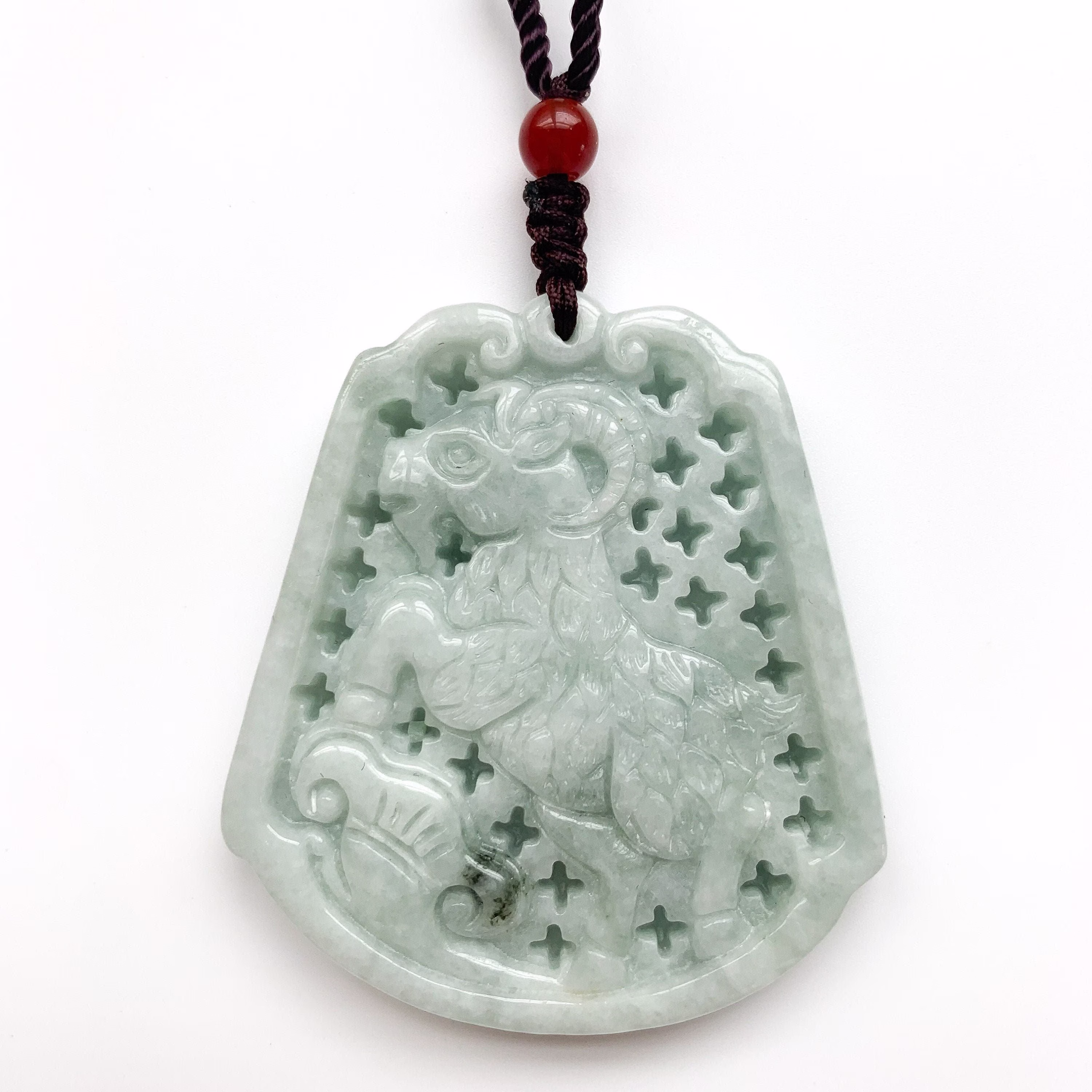 Large Jadeite Jade Sheep Goat Ram Chinese Zodiac Carved Pendant Necklace, Yj-0321-0468519