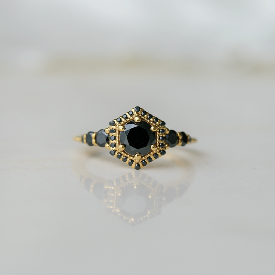 Black Hexagon Halo Ring, Engagement Classic Style Hexagon Promise Gold Silver Gift For Her, Idea