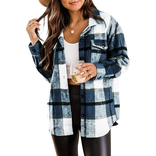Womens Flannel Shacket Jacket Casual Plaid Wool Blend Button Down Long Sleeve Shirt Fall Clothes Outfits 2022 - blue, large