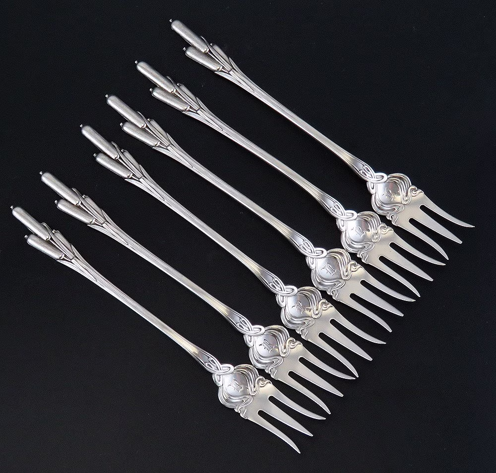 6 Antique Sterling Silver Durgin Cat Tails 1898 Cocktail Seafood Forks 5 1/2"