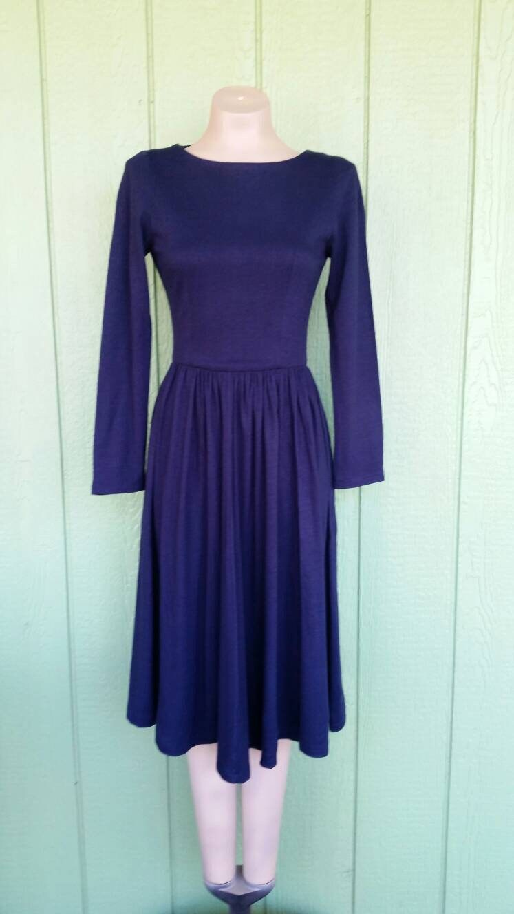 Vintage 1970's Wool Blend Fitted Full Skirt Dress, Navy Blue Size Small