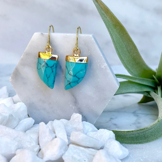 Turquoise Earrings, Gold Boho Stone Horn Blue Minimal Modern Earrings