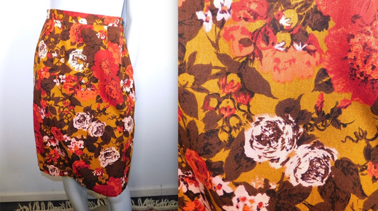 Vintage 1960S Fall Colors Linen Blend A Line Floral Skirt