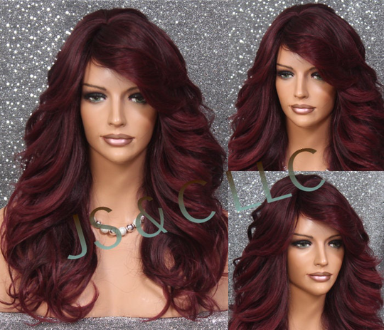 Human Hair Blend Long Full Luscious Heat Ok Wavy Wig With Romantic Feathered Sides Bangs Layers Of Beautiful Burgundy Mixed