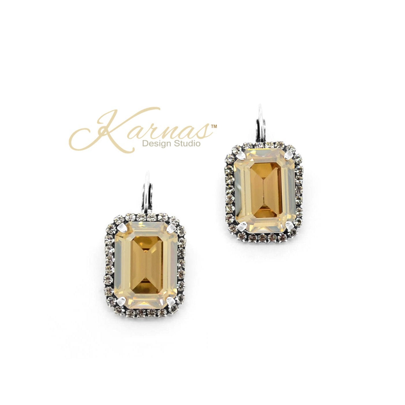 Golden Honey Emerald Cut Halo 13x18mm Drop Earrings K.d.s. Premium Crystal Antique Silver Karnas Design Studio Free Shipping