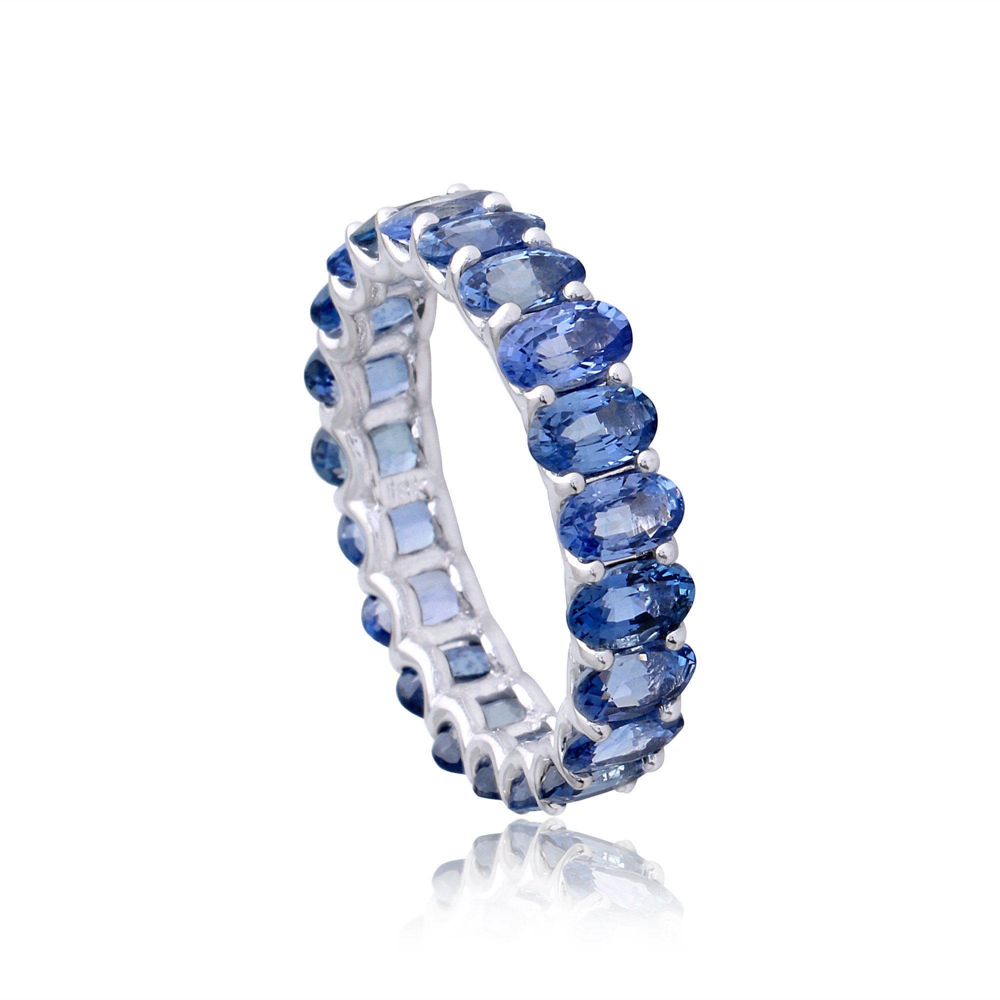 Solid 18K White Gold Ring, Natural Oval Blue Sapphire Full Eternity Wedding Promise Band Stacking Matching Band, On Sale