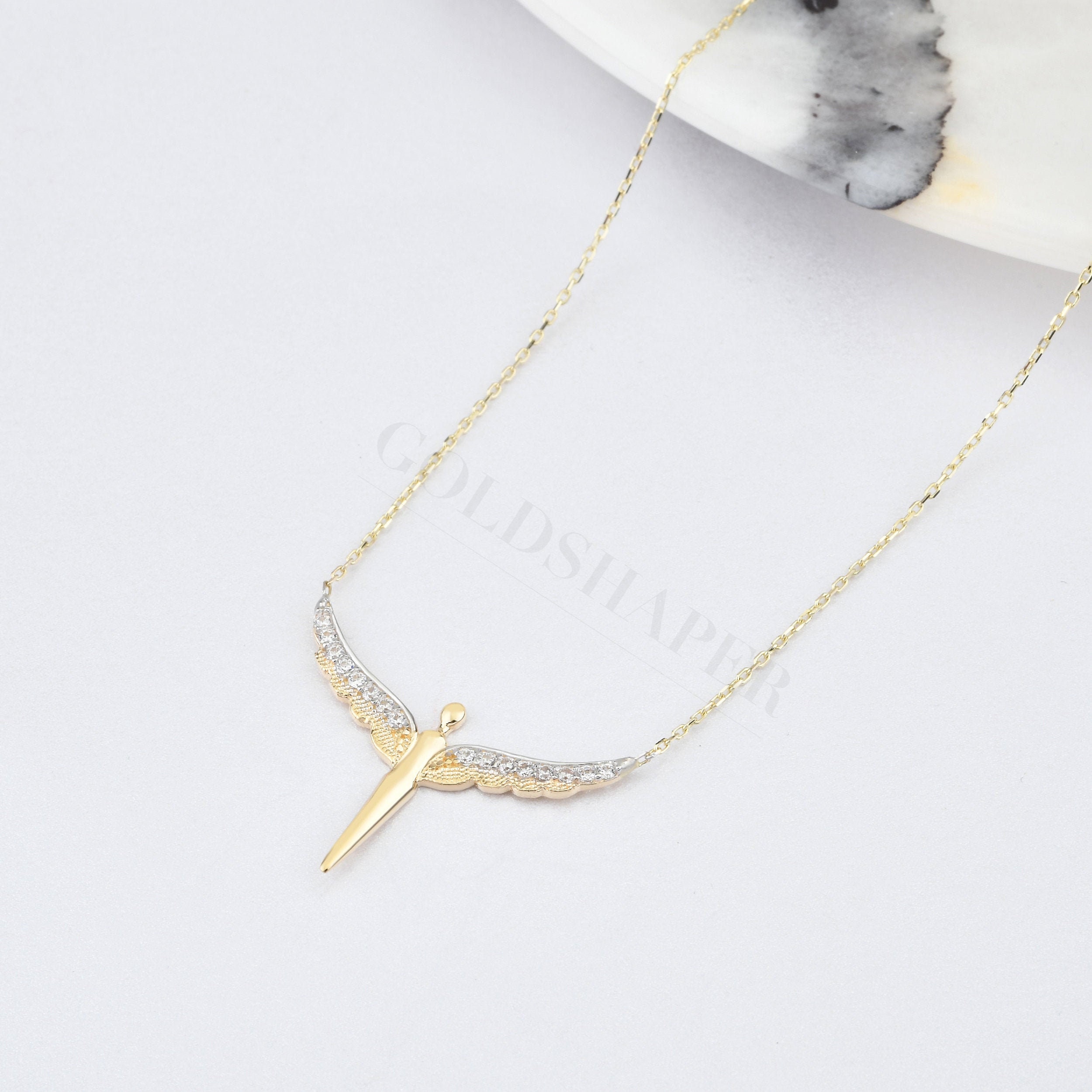 Angel Wings Necklace, 14K Solid Gold, Gift For Her, Valentine's Day Gift, Lover Gift