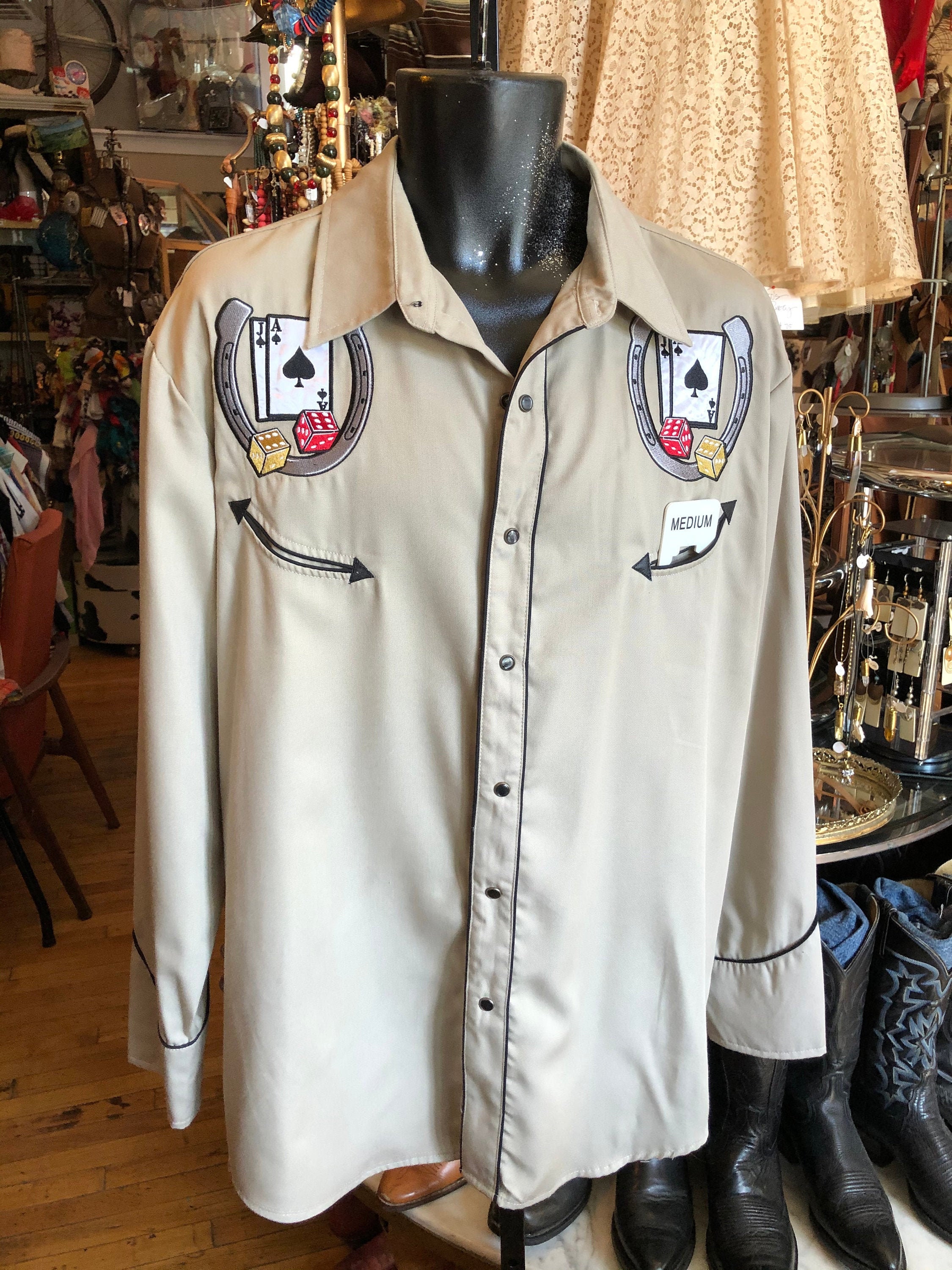 70's Rockabilly Tan Cotton Blend Shirt With Gamblers Embroidered Theme