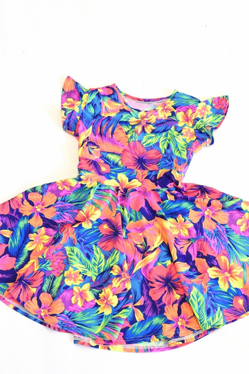 Girls Neon Uv Glow Tahitian Floral Flip Sleeve Spandex Skater Dress 151864