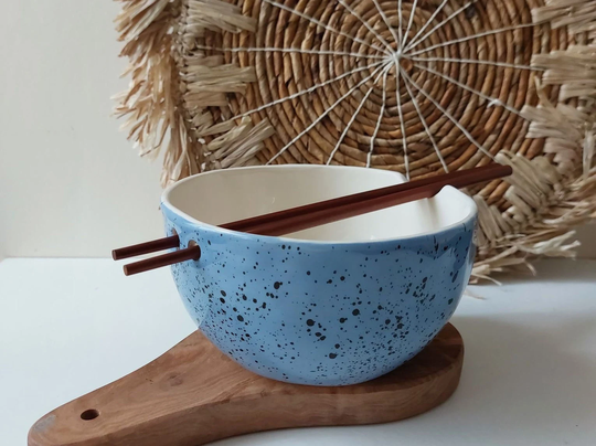 Blue Speckled Ramen Bowl With Chopsticks, Kitchen Tableware, Handmade Bowls, Ceramic Dish