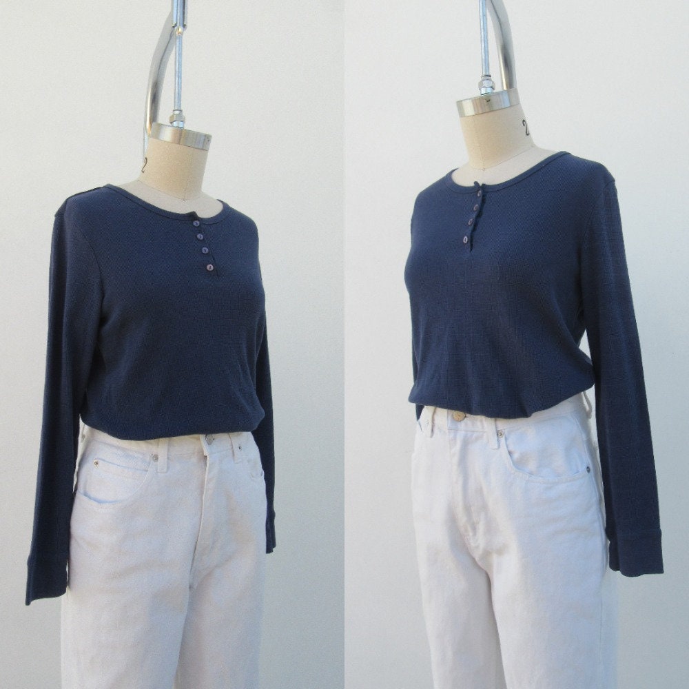 90S Blue Cotton Blend Long Sleeve Waffle Knit Thermal Henley Tee | Minimal S