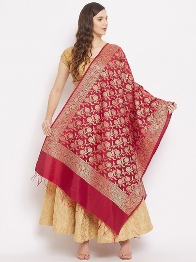 Women's Silk Blend Maroon & Gold-Toned Woven Design Banarasi Dupatta With Zari Work Free Shipping