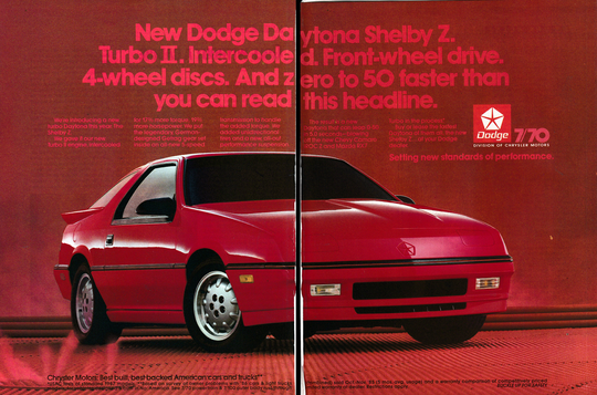 1988 Dodge Daytona Shelby Z Turbo-Original 2 Page Magazine Ad