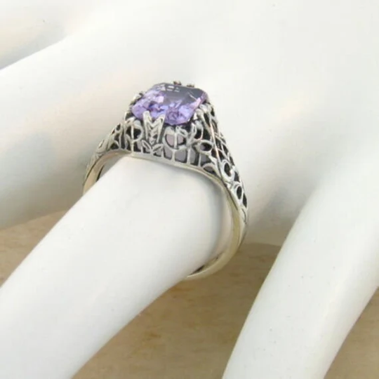 Vintage Estate 1.50 Carat Natural Amethyst Solitaire Filigree Ring in 925 Solid Sterling Silver 715