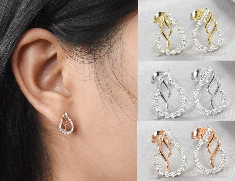 18K Rose Gold/Diamond Stud Earrings Bridal Wedding Jewelry Next Day Shipping