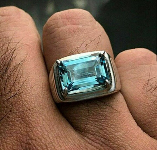 Natural London Topaz Ring For Men in 925 Sterling Silver, Emerald Cut Gemstone Ring, Stylish Mans Cocktail Gift Him