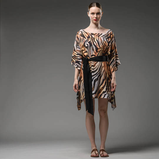 Tiger Print Short Kaftan | Elegant Soft Rayon Dress Resort Wear Loose Animal Digital