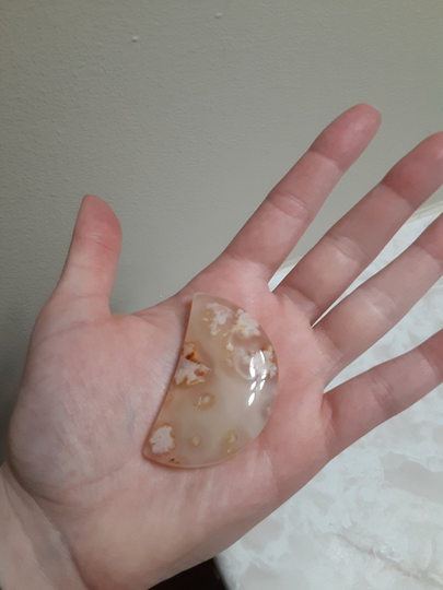 Beige Tan Flower Agate Crescent Moon Cabochon Pendant