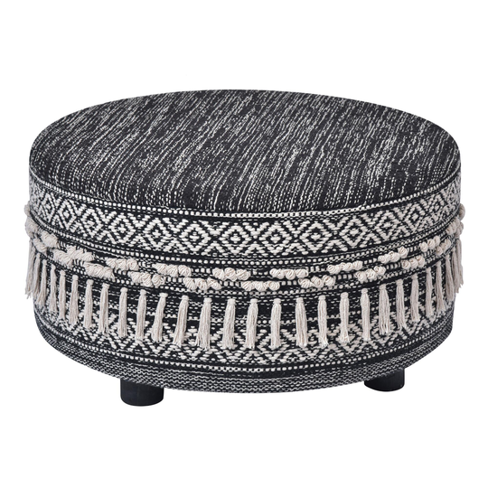 Round Black and White Wool Upholstered Ottoman with Tassels by World Market