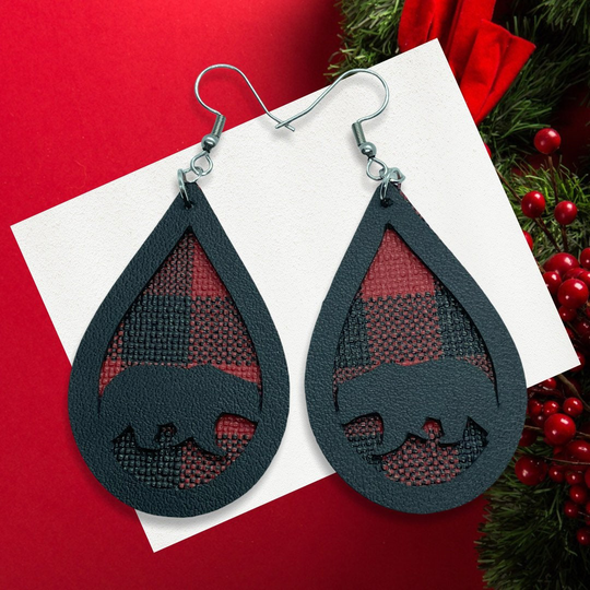 Mama Bear | Faux Leather Earrings Buffalo Plaid Red Black Christmas Holiday Winter Gift Jewelry Accessory Rustic