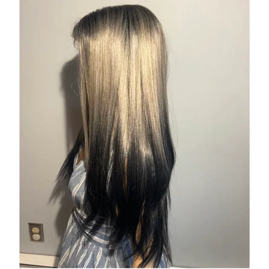straight Black Silver Gray Lace Front Human Hair Blend Daily Wig Middle Parting
