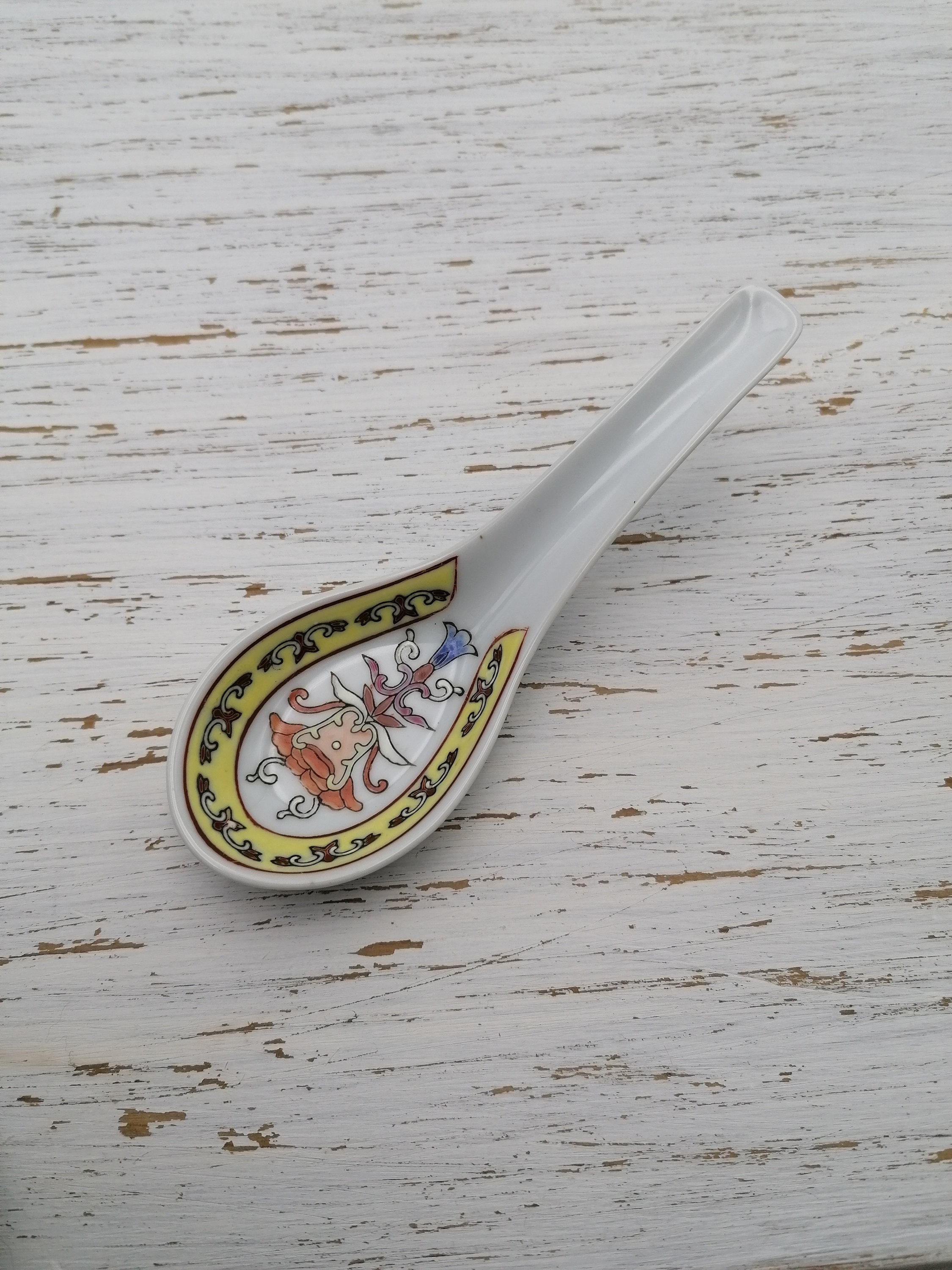 Chinese Porcelain Spoon, Yellow Noodle Soup Rice Oriental Porcelain, Asian Spoon