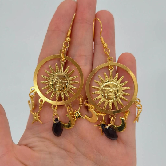 Healing Sun Celestial Star Hoop Earring, Color Drop Crystal Rebirth Golden Glowing Face Blessing Symbol, Spiritual Energy Orbit
