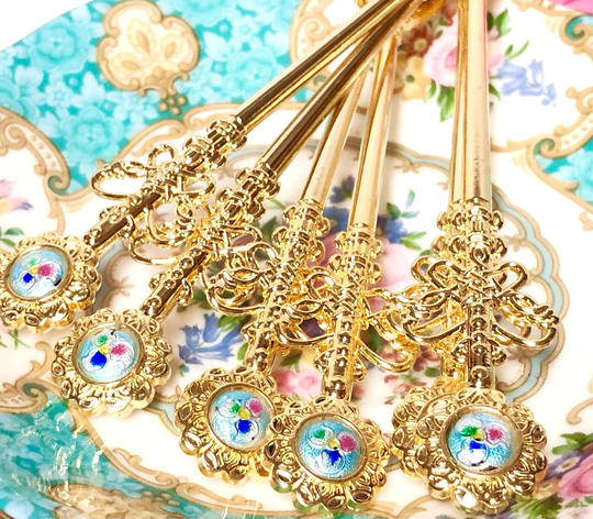 6Pcs Ornate Gold Golden Flatware Spoons Teaspoons Forks Parfait Cocktail Dessert Seafood Cake Pastry Blue Enamel Design Embossed Leaves Look