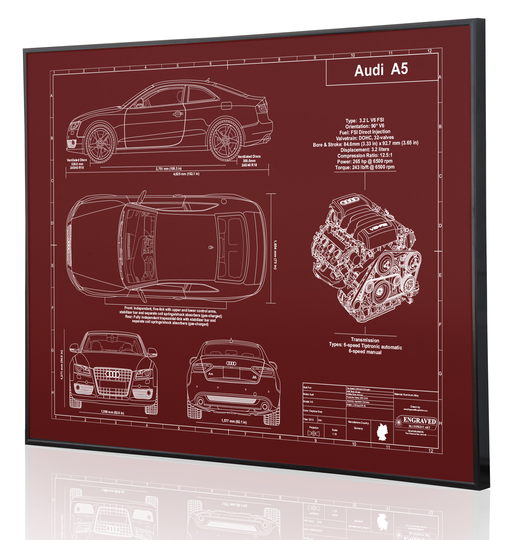 Audi A5 Laser Engraved Wall Art. On Metal, Acrylic Or Wood. Custom Car Art, Poster, Sign. Great Gift Enthusiasts