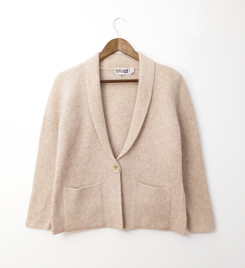 Unique Angora Lambswool Wool Blend Vintage 80's 90's Women's Shawl Collar Cardigan Fuzzy Cozy Light Oatmeal Beige Tan Knit Sweater Medium