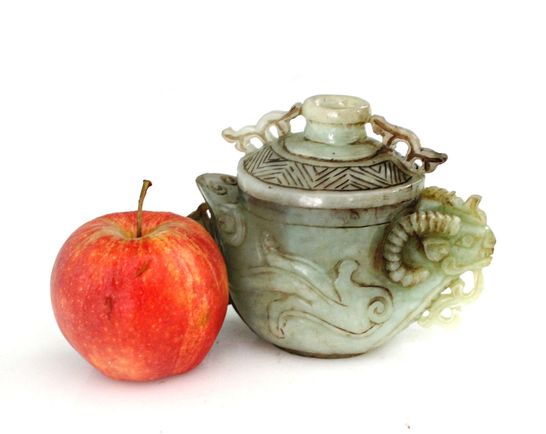 Antique Chinese Carved Jade Censer With Ram Head 4.5'' Tall Hand & Polished Rare