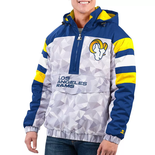 Men's Starter White/Royal Los Angeles Rams Thursday Night Gridiron Raglan Half-Zip Hooded Jacket, Size: 2XL