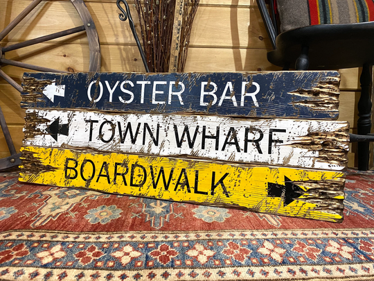 Oyster Bar Sign Set, Rustic Nautical Decor, Wood Beach House Wall Art, Distressed Boardwalk Sign, Town Wharf, 3Ft