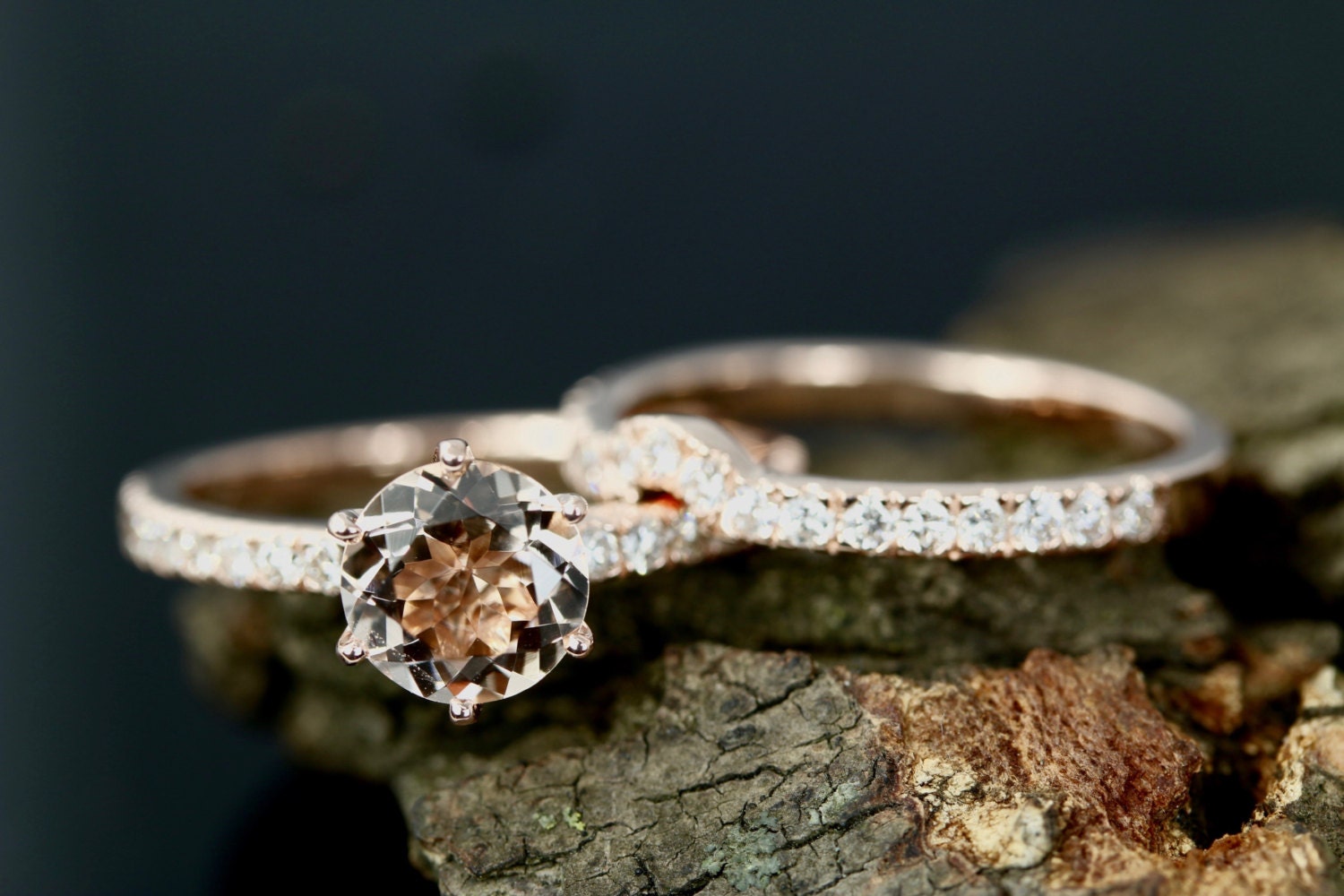 Morganite Engagement Ring Set in 14K Rose Gold, Round Ring, Gold Bridal Set, Ring, Diamond Band