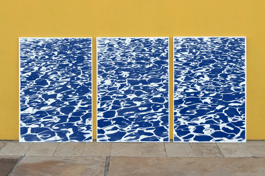Cyanotype Triptych Of Fresh California Pool Patterns, Coastal Living, Contemporary Art, Modern Painting, Feng Shui, Style